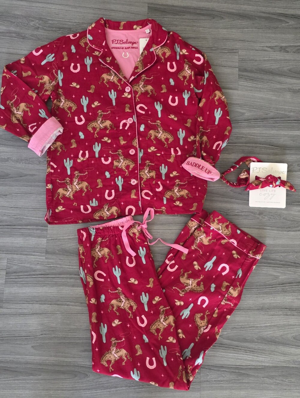 P.J. Salvage Western Cowboy Horse Cactus Print complete 3 Pcs Set w/ Headband